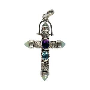 Nicky Butler-Style .925 Silver & Semi-Precious Gemstone Large Cross Pendant 3”
